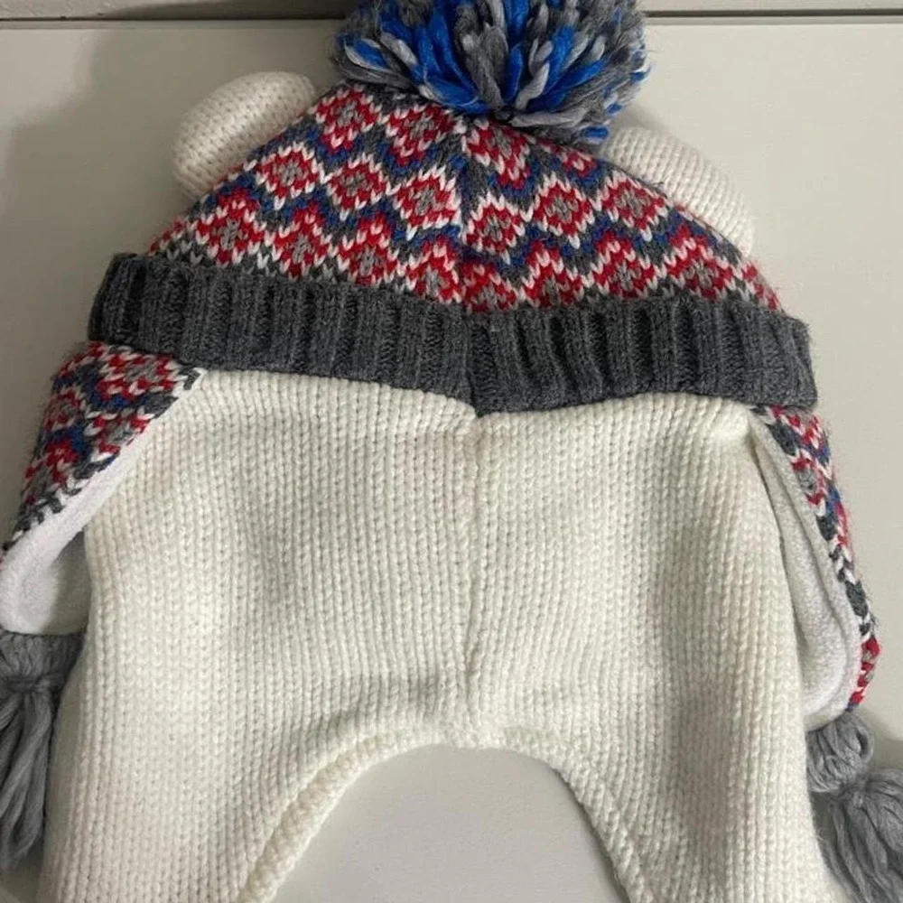 Children's Place Kids White polar bear earflap multi color knit pattern pom pom
